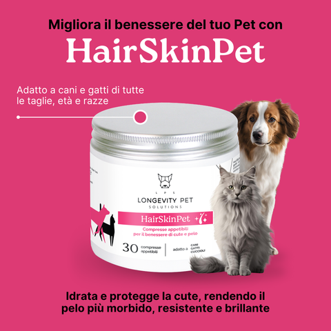 Longevity Pet HairSkinPet | Integratore per pelo folto e brillante cane e gatto | Supporto per la perdita di pelo e per la muta