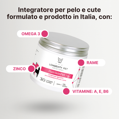 Longevity Pet HairSkinPet | Integratore per pelo folto e brillante cane e gatto | Supporto per la perdita di pelo e per la muta