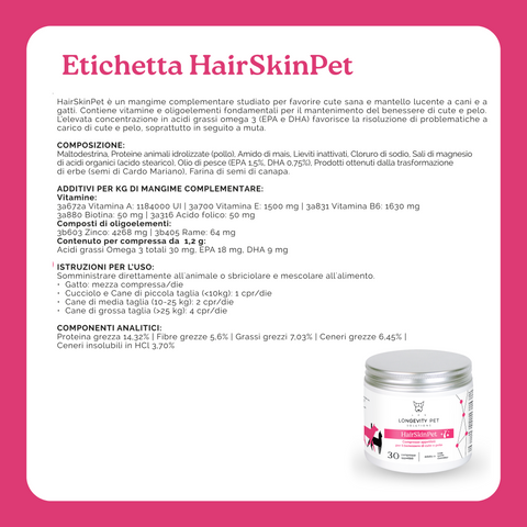 Longevity Pet HairSkinPet | Integratore per pelo folto e brillante cane e gatto | Supporto per la perdita di pelo e per la muta