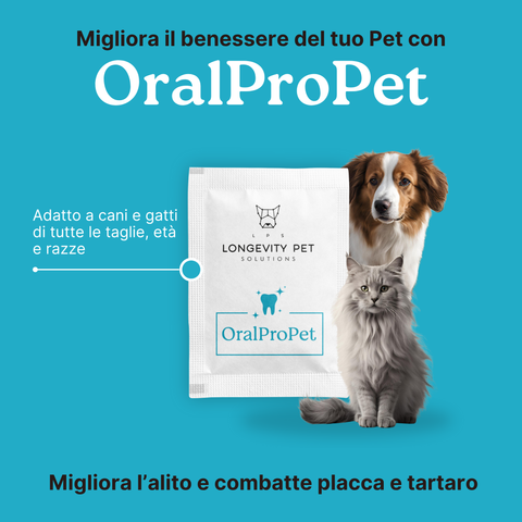 Longevity Pet OralProPet | Integratore per l’igiene orale di cane e gatto | Contrasta placca, tartaro e alito cattivo | 30 bustine
