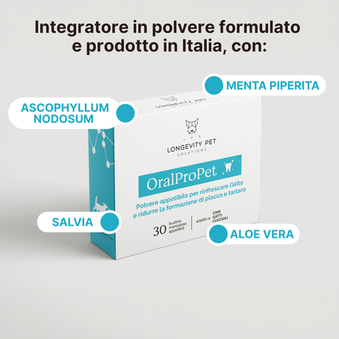 Longevity Pet OralProPet | Integratore per l’igiene orale di cane e gatto | Contrasta placca, tartaro e alito cattivo | 30 bustine