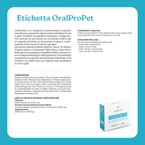 Longevity Pet OralProPet | Integratore per l’igiene orale di cane e gatto | Contrasta placca, tartaro e alito cattivo | 30 bustine