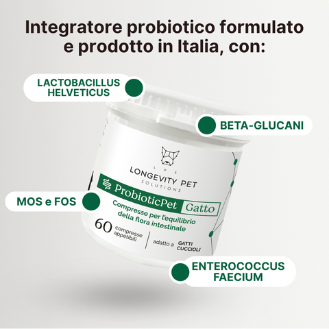 Longevity Pet ProbioticPet Gatto | Integratore probiotico per l'equilibrio intestinale | Benessere intestinale del gatto