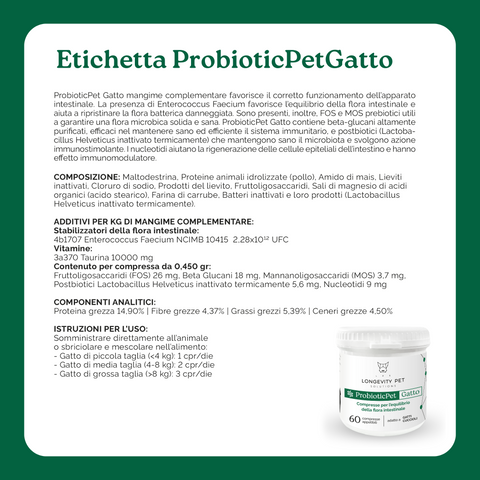 Longevity Pet ProbioticPet Gatto | Integratore probiotico per l'equilibrio intestinale | Benessere intestinale del gatto