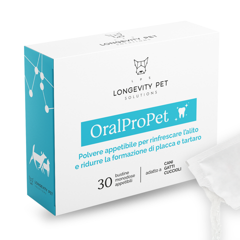 Longevity Pet OralProPet | Integratore per l’igiene orale di cane e gatto | Contrasta placca, tartaro e alito cattivo | 30 bustine