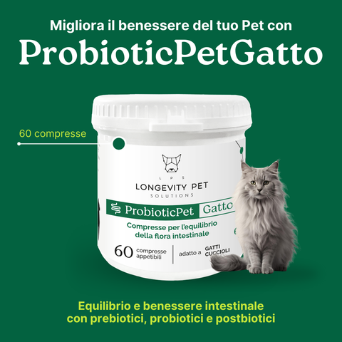 Longevity Pet ProbioticPet Gatto | Integratore probiotico per l'equilibrio intestinale | Benessere intestinale del gatto