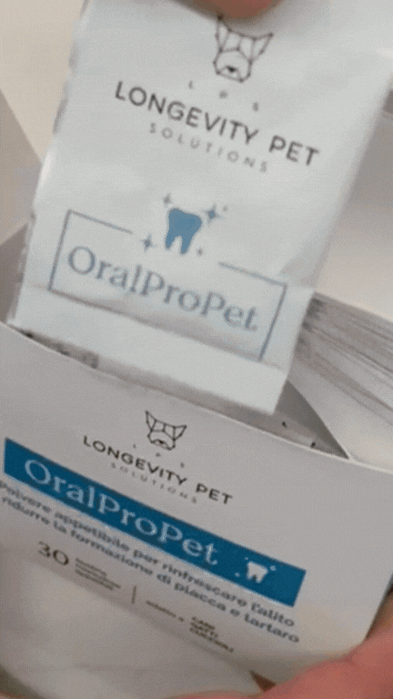 Longevity Pet OralProPet | Integratore per l’igiene orale di cane e gatto | Contrasta placca, tartaro e alito cattivo | 30 bustine