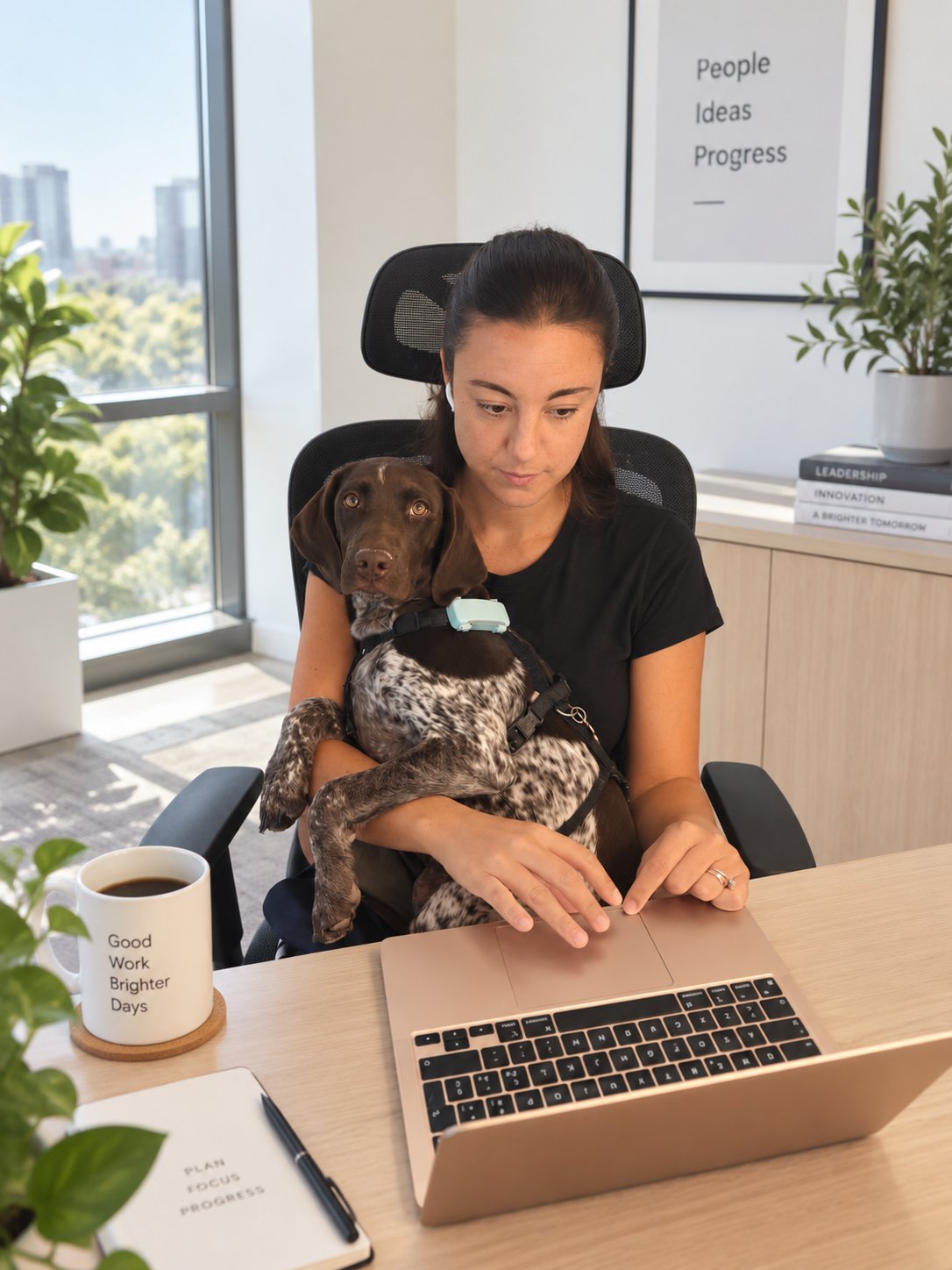 Francesca al lavoro in ufficio con un cane in braccio