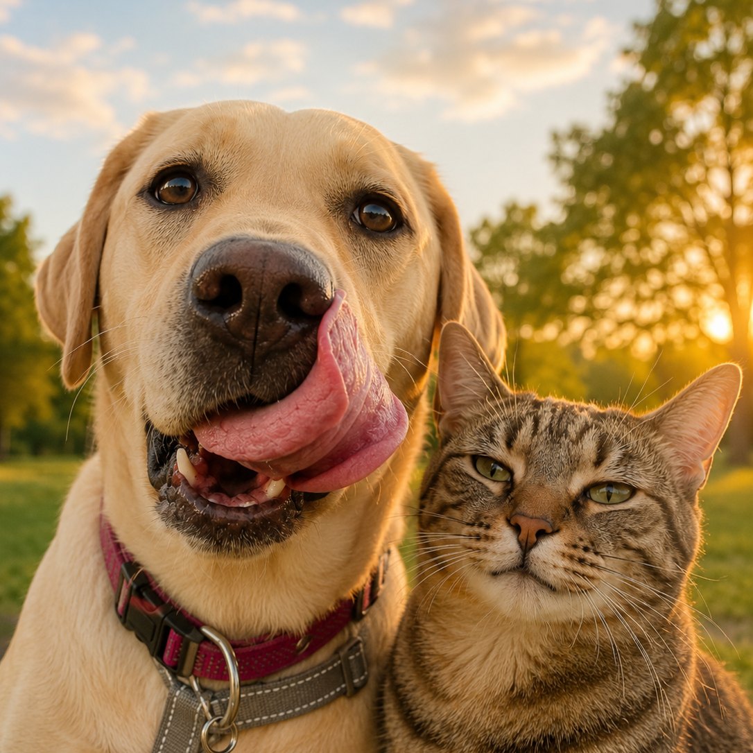 Cane e gatto insieme all'aperto